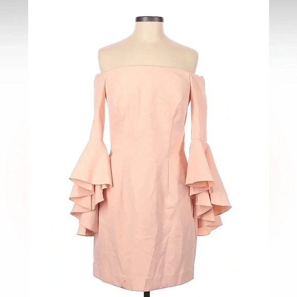 MILLY Selena Peach Italian Cady Off Shoulder Slit Side Sheath Dress Size 8 M NWT - Picture 12 of 13